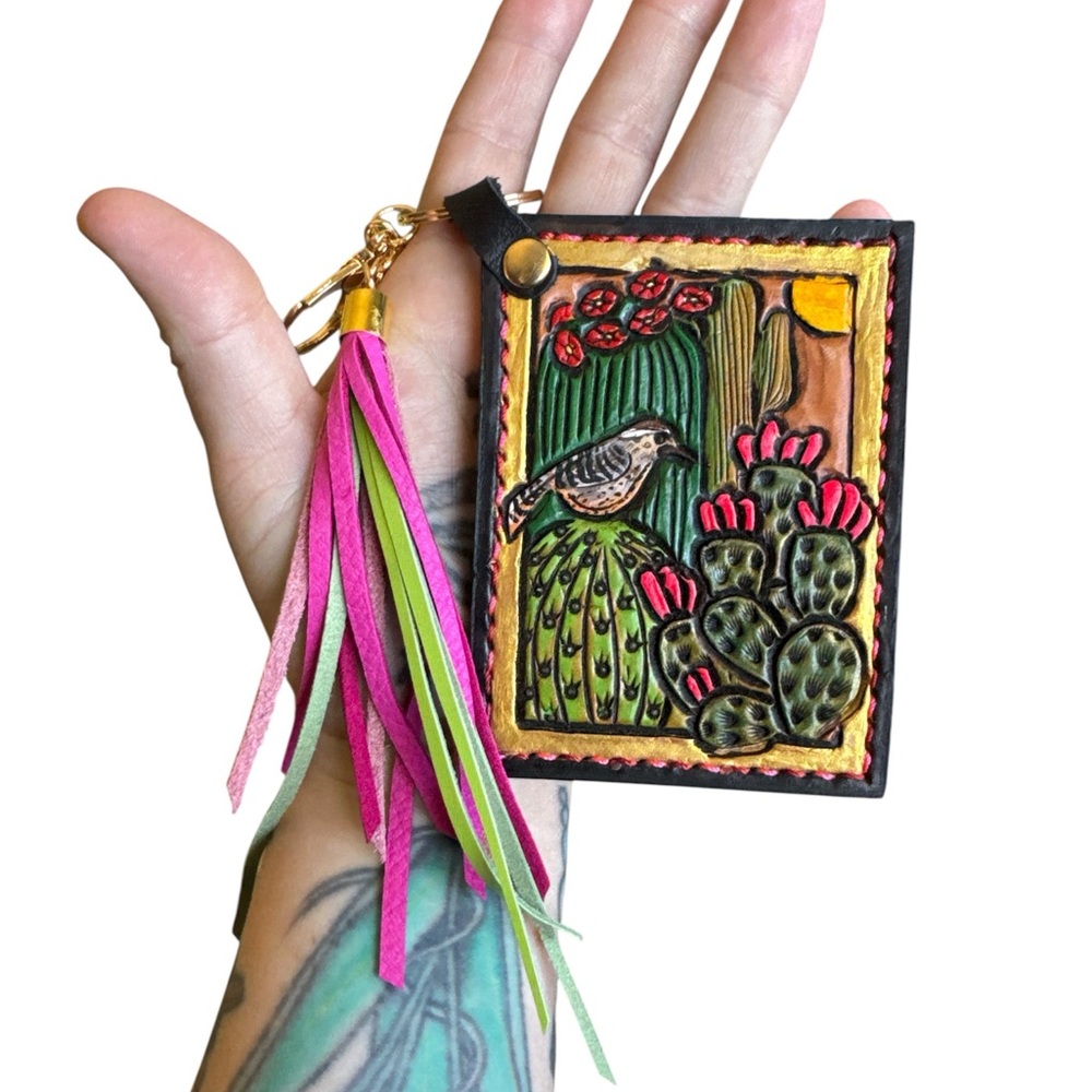 Artisan Handmade Western Southwest Leather Card Holder Bird Cactus Wallet